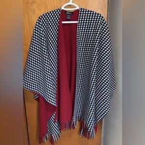 Eivissa Houndstooth Black and White Shawl Poncho Cape with Red Accent one size